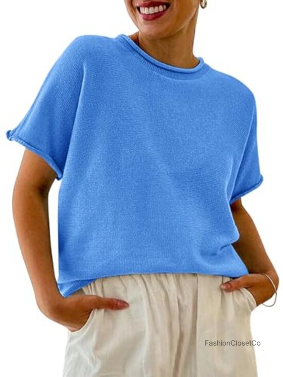 Sweaters - Lightweight Crewneck Short Sleeve Knit Pullover Sweater Loose Fit Casual Tee